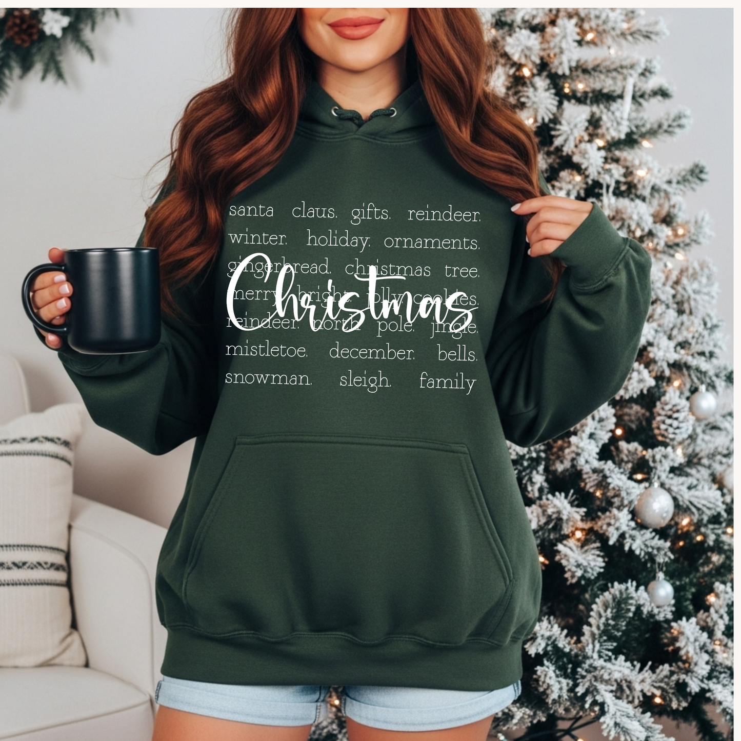 Dark Green Christmas words Hoodie